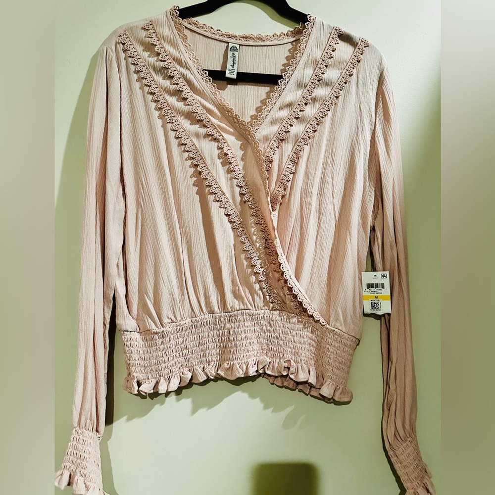 Macy's Pink Long Sleeve Wrap Blouse with Smocked Waist and Ruffled Trim